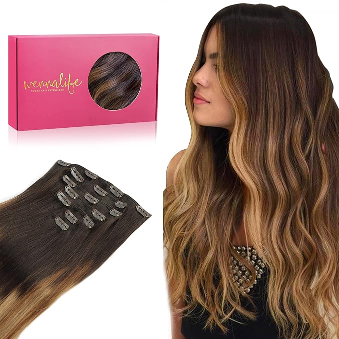 WENNALIFE Clip in Hair Extensions Real Human Hair, 14 Inch 120g 7pcs Dark Brown to Chestnut Brown and Dirty Blonde Highlighted Clip In Human Hair Remy Clip in Hair Extensions Double Weft