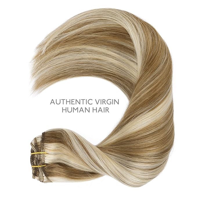 WENNALIFE Clip in Hair Extensions Real Human Hair, 22 Inch 120g 7pcs Ash Brown with Platinum Blonde Highlights Hair Extensions Clip in Human Hair Remy Straight Natural Extensiones