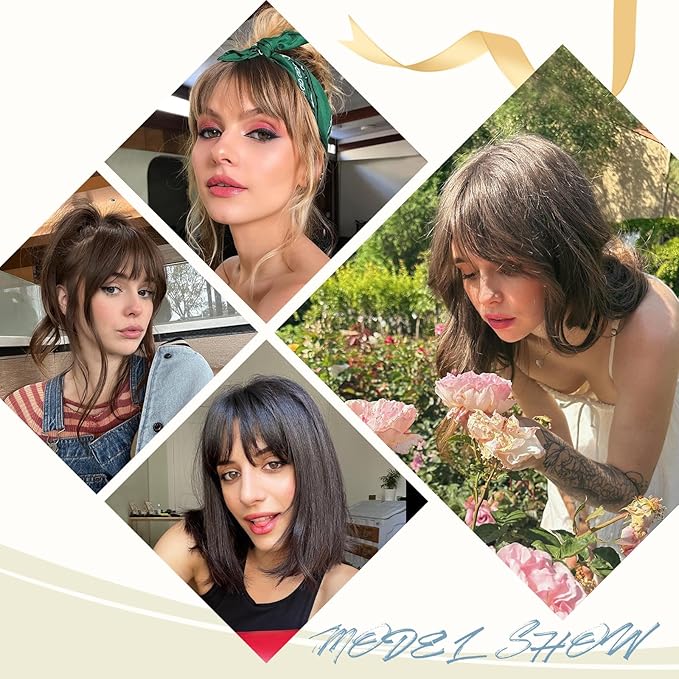 Clip In Bangs for Women, Dark Brown French Bangs Hair Clip with Temples, 100% Real Human Hair Layered Curved Fringe for Halloween and Daily Use(Dark Brown, French Bangs)