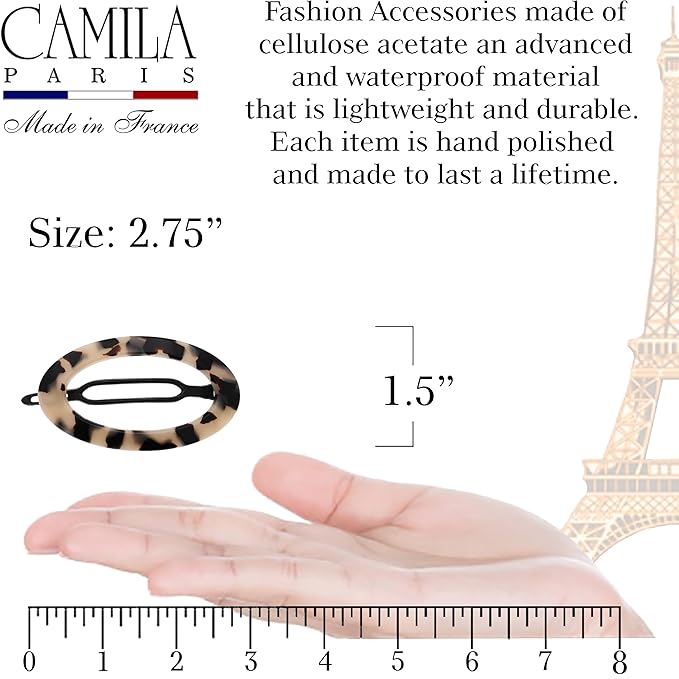 Camila Paris CP2803 French Hair Barrette Clip for Women, Handmade, Flow, Slide-in Metal-Free Closure, Strong Hold Grip Hair Clips for Girls, No Slip Durable Styling Hair Accessories, Made in France