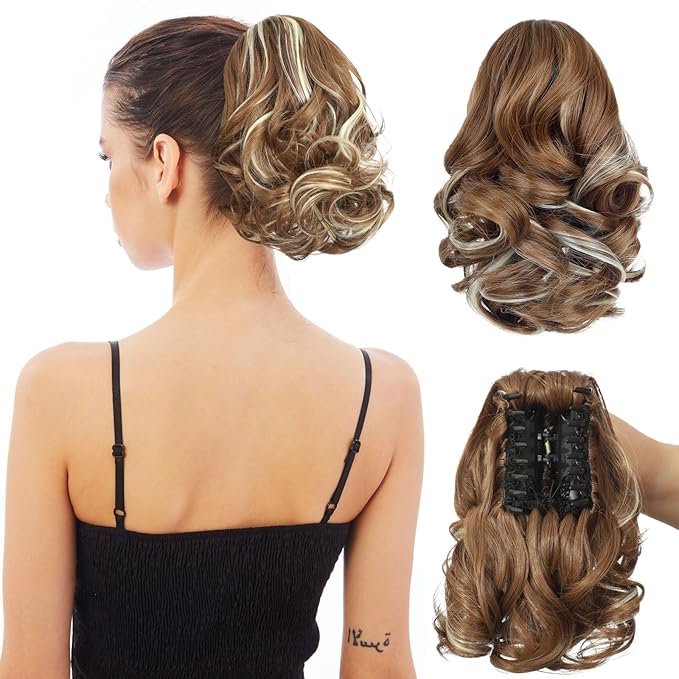 Ponytail Extension, Clip on Ponytails for Women, 9" Claw Clip in Short Curly Wavy Pony Hair Extension for Women - Medium Brown with Blonde Highlights