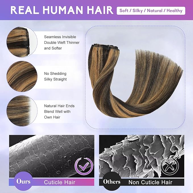 Clip in Hair Extensions Real Human Hair, 14 Inch 75g, 2/6 Dark Brown to Chestnut Brown, Invisible Seamless Remy Human Hair Clip in Extensions for Women 8pcs Per Set with Double Weft