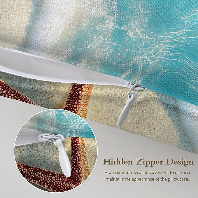 Imitation Silk Pillow Case for Hair and Skin Beautiful Beach and Starfish 1 Pack Satin Pillow Case Standard Size with Hidden Zipper Smooth Cooling Pillow Cover for Sleeping 20”x26”