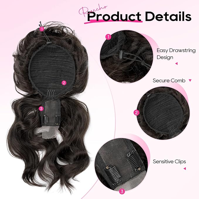 REECHO Messy Bun Hair Piece with Bangs – 2-in-1 Drawstring Ponytail Extension Updo Wig & Hair Topper with Long Side Bangs, Natural-Looking Hair Bun Hairpieces for Women - Black Brown