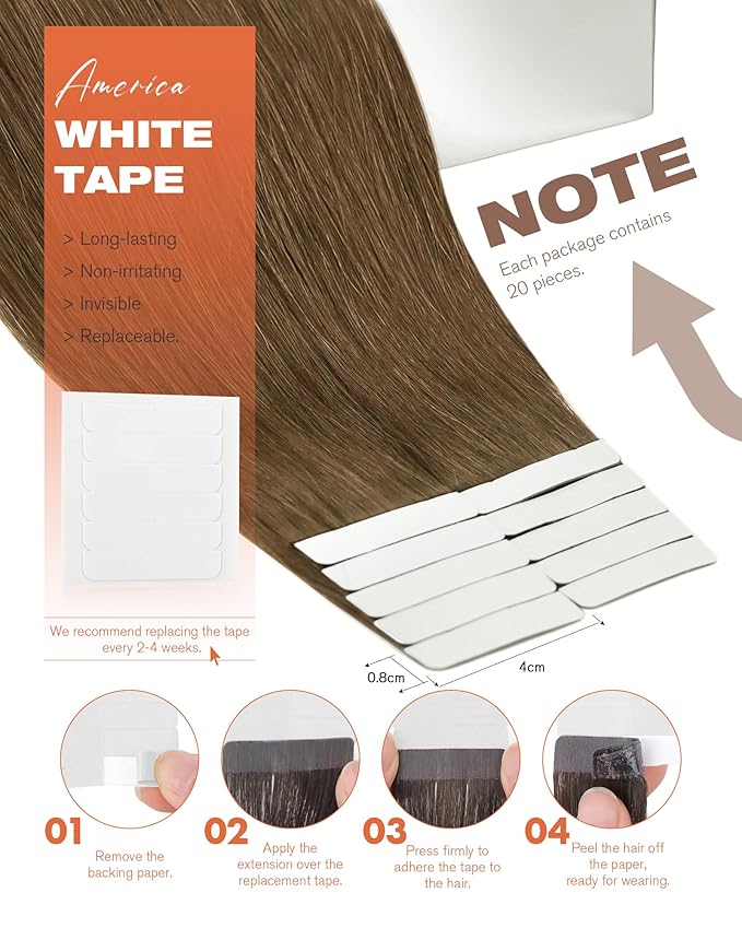 Sunny Hair Tape in Hair Extensions Real Human Hair Invisible Remy Hair Extensions Tape ins for Women Light Brown 24 inch 20Pcs