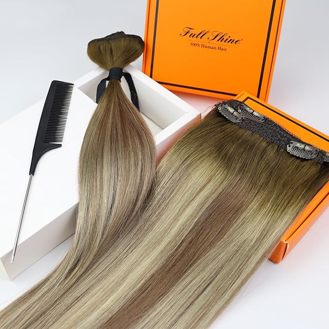 Full Shine Clip in Hair Extensions Human Hair Ombre Hair Extensions Clip Ins Medium Brown Ombre to Light Brown and Blonde Real Hair Extensions Clip Ins 12 Inch for Short Hair 3 PCS 60 G
