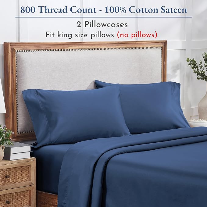 California Design Den King Size Pillow Cases Set of 2 - Luxuriously Soft and Thick 800 Thread Count, Smooth Sateen, Natural 100% Cotton King Pillow Cases, Durable - Navy Blue