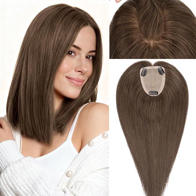 Rich Choices Human Hair Toppers for Women-100% Real Remy Hair Topper No Bang-Upgraded 150% Density 9 * 12CM Lace Base-Clip in Hairs Topper for Thinning Hairs-14Inch #2 Dark Brown