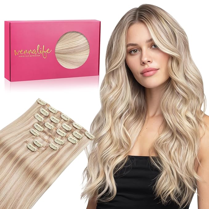 WENNALIFE Clip in Hair Extensions Real Human Hair, 20 Inch 120g 7pcs Balayage Light Wheat Platinum Blonde Remy Hair Straight Natural Extensiones De Cabello Humano Con Clip Ins