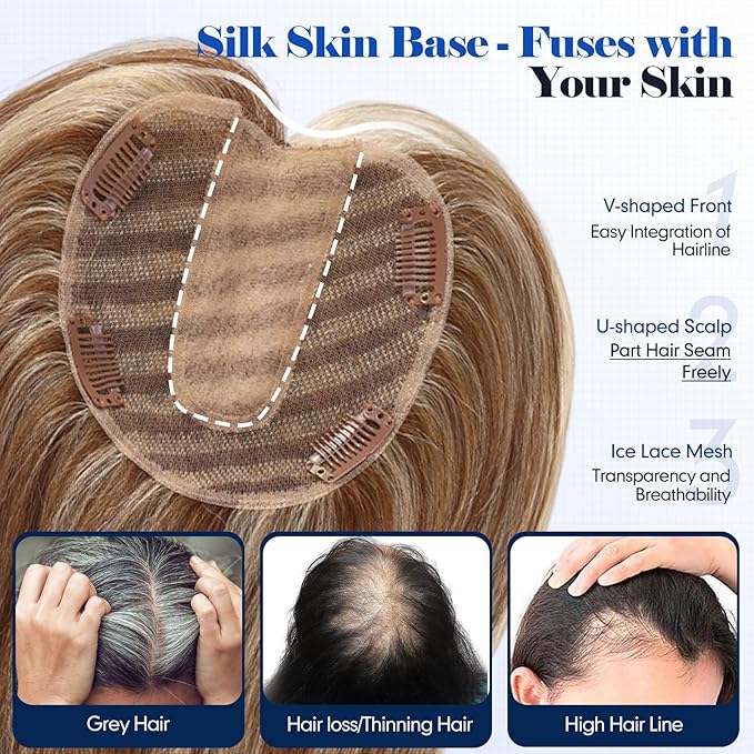 HAIRCUBE Hair Toppers For Women With Thinning 5"*5" Large Base Real Hair Toppers For Women, 14 Inch For Hand-Woven, 60g, Silk, Natural, Realistic, Use Daily, Hairloss, Brown Mixed Blonde, with bangs