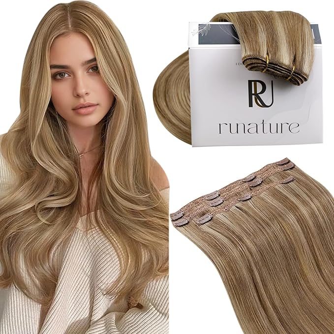RUNATURE Human Hair Clip in Extensions, 18 Inch Clip in Human Hair Extensions, Real Natural Hair for Women, Add Hair Length, Easy to Apply, 50g 3pcs #10P16 Dark Blonde Highlight Caramel Blonde