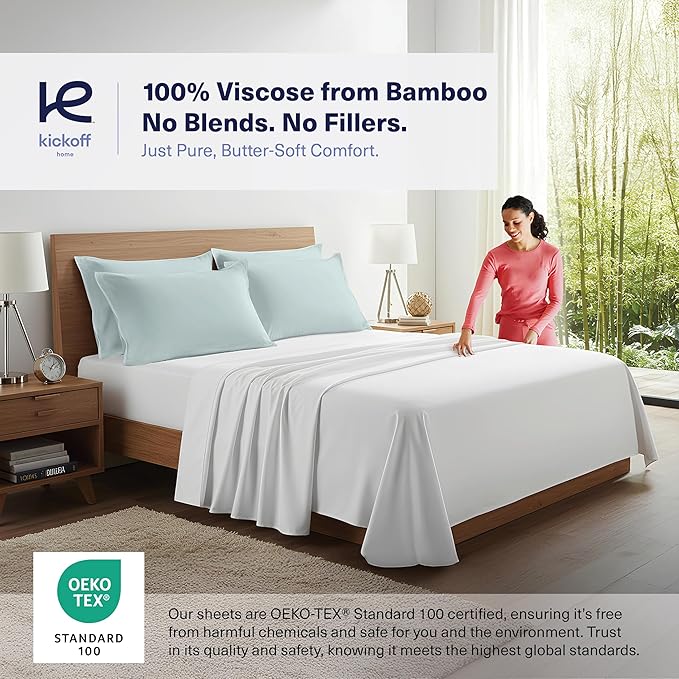 Kickoff Viscose Bamboo Pillowcase, Queen, Set of 2, 100% Organic Hidden Zippered Viscose Bamboo Pillow Case Queen Size, Cooling Pillow Cover for Hot Sleepers (20"x30" Coastal Blue)