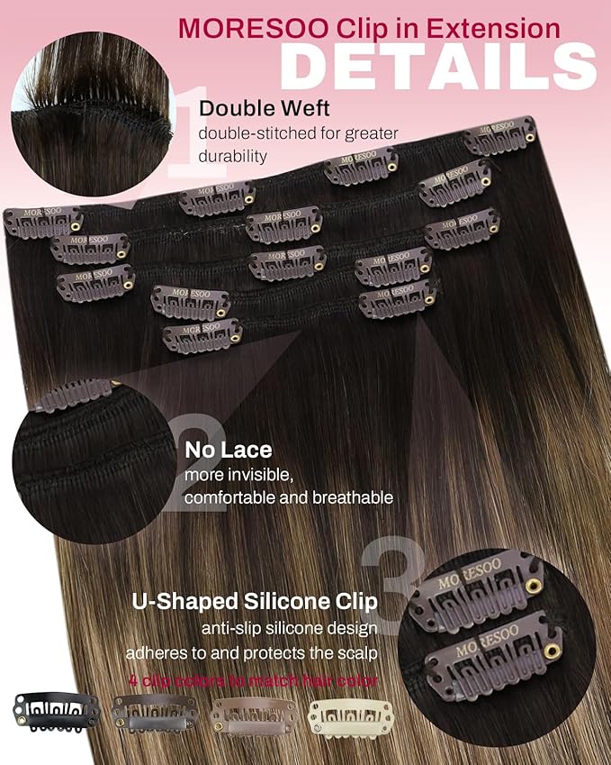 Moresoo Clip in Hair Extensions Ombre Dark Brown to Dark Ash Blonde with Blonde Balayage Hair Extensions Clip in Human Hair Double Weft 5pcs/80g 16inch