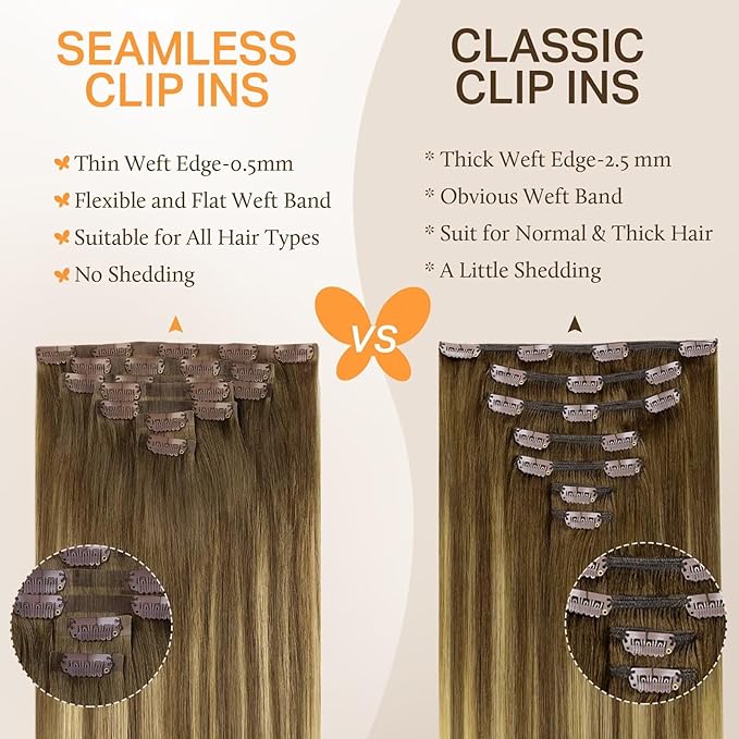 DOORES Hair Extensions Seamless Clip in Extensions, Medium Brown Highlighted Dirty Blonde, 20 Inch, 150g, 7pcs, Invisi Edge Human Hair Extensions Straight Thick Hair