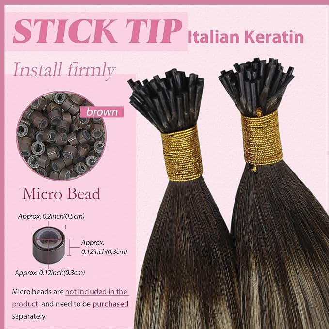 YoungSee I Tips Hair Extensions Balayage Human Hair I Tip Extensions Dark Brown with Ash Blonde Ombre Itip Hair Extensions 24 Inch I-Tip Extension Real Human Hair for Long Hair 50s 50g