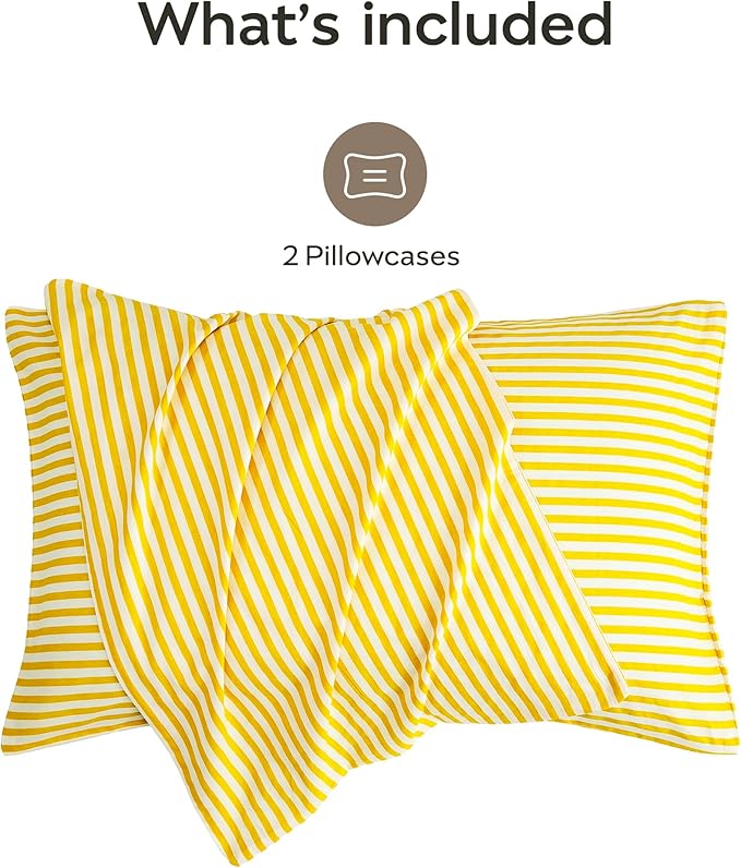 JELLYMONI 100% Natural Cotton Striped King Pillowcases Set, 2 Pack Bright Yellow Stripes Pattern Printed Pillow Covers with Envelope Closure(Pillows are not Included)