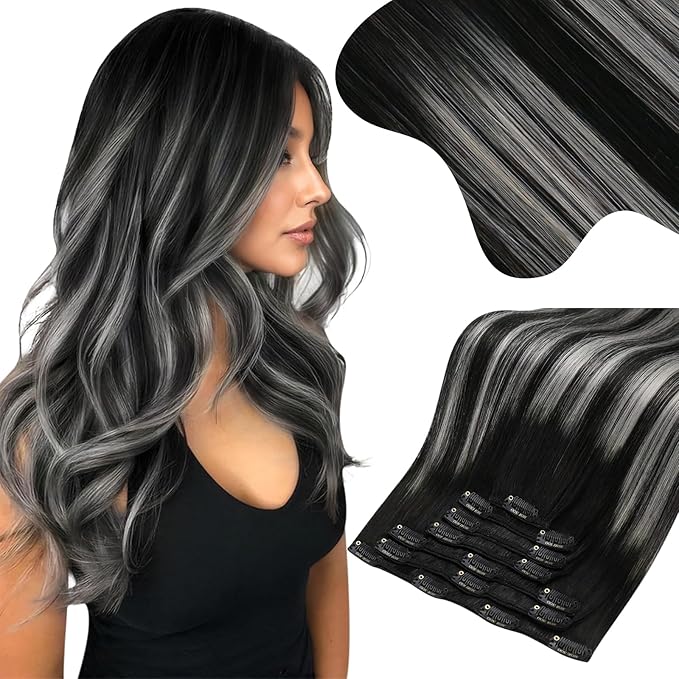 Moresoo Clip in Hair Extensions Human Hair Black to Silver Double Weft Hair Clip Extensions for Women Ombre Black with Silver 22inch 150Grams 7pcs