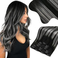 Moresoo Clip in Hair Extensions Remy Double Weft Human Hair Clip in Extensions Straight Balayage Hair Extensions for Women Ombre Black Mixed with Silver Grey 7pcs 135g 18inch