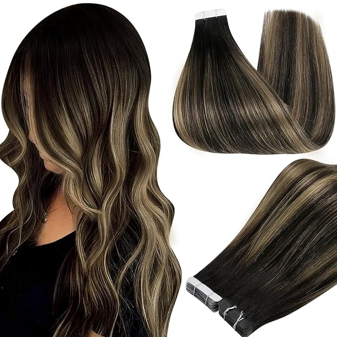 Full Shine Tape ins Human Hair Extensions Balayage Tape in Hair Extensions 16Inch Seamless Skin Weft Tapes Extension 20pcs 1B Black to 27 Honey Blonde with 1B Invisible Straight Full Head 50G