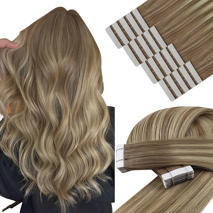 YoungSee Tape in Hair Extensions Real Human Hair Balayage Tape in Extensions Light Brown Ombre Blonde Human Hair Tape-in Extension Invisible Tape-on Hair Extension 16In for Women 50g