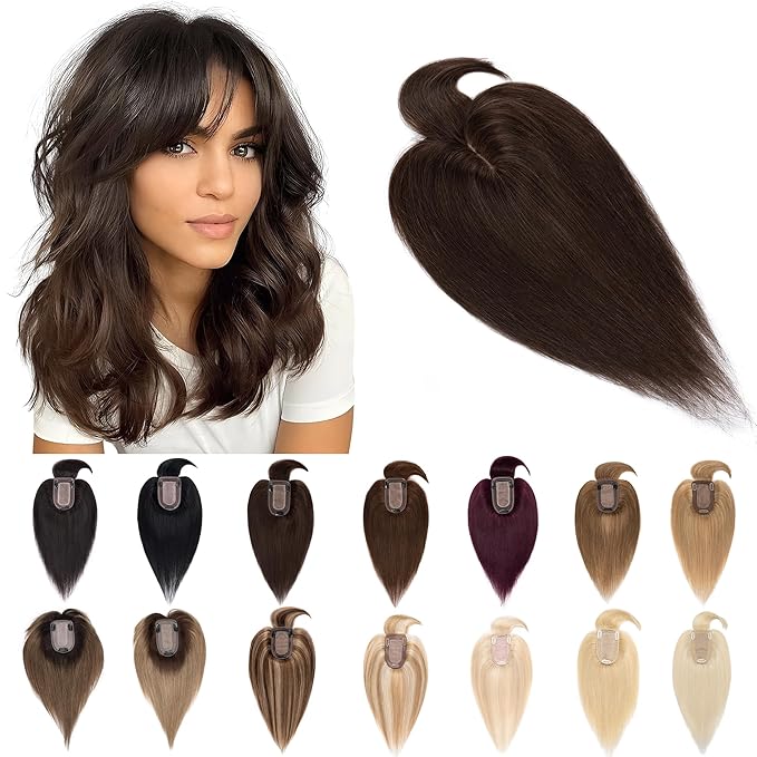 SEGO Hair Toppers for Women Real Human Hair With Bangs, 7 * 13CM Silk Base 100% Remy Human Hair Clip in Top Wiglet Hairpieces Add Volume -6 Inch Dark Brown