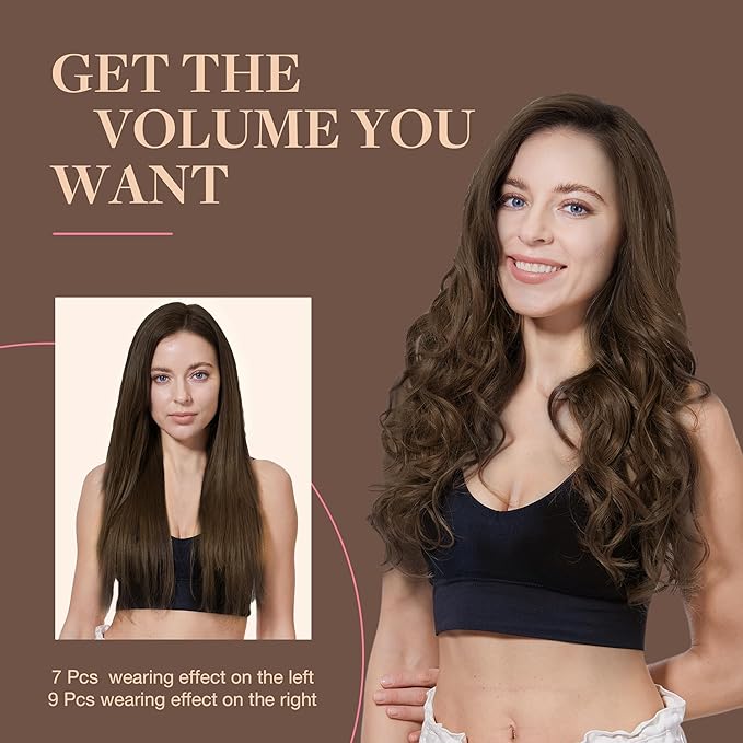 GOO GOO Clip in Hair Extensions Real Human Hair, Remy Human Hair Extensions Clip ins for Women, Natural Human Hair, 22inch 150g 9Pcs, 4A Chocolate Brown