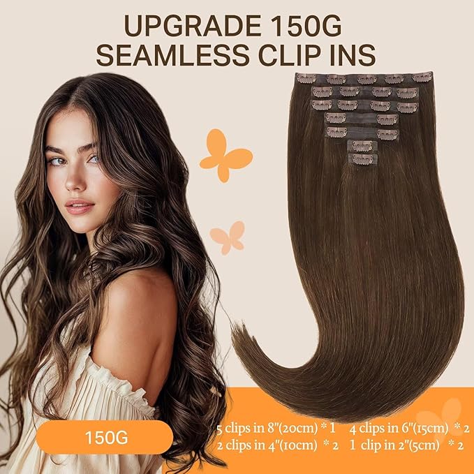 DOORES Clip in Hair Extensions, Chocolate Brown 130g 7pcs 16 Inch, Invisible Edge Thick Hair Extensions for Women