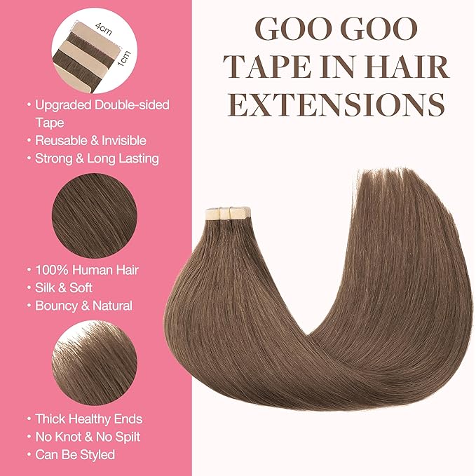 GOO GOO Tape in Hair Extensions Human Hair, 5 Light Ash Brown, 20inch 30g 10pcs, Skin Weft Seamless Invisible, Silky Straight with Thick Ends, Remy Human Hair