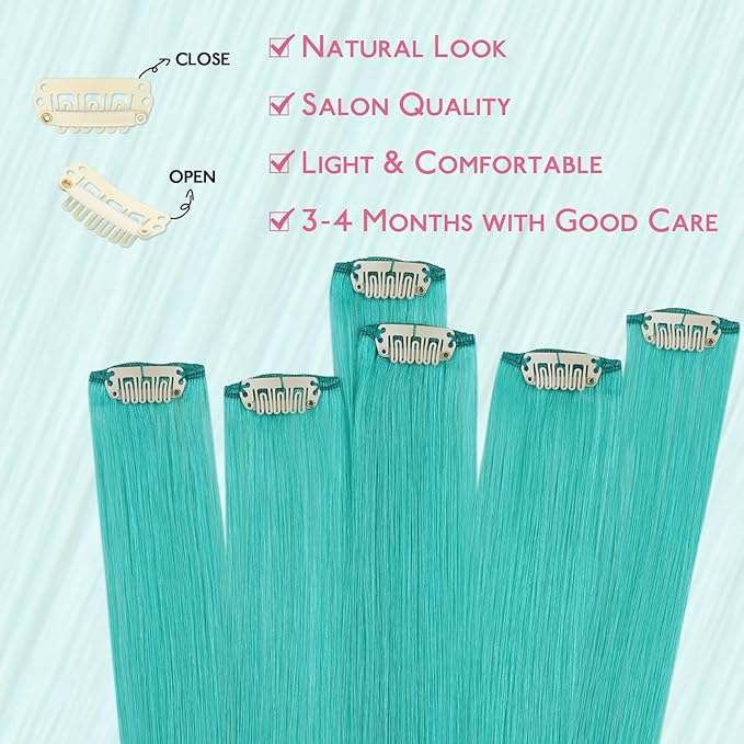 WENNALIFE Teal Green Clip in Hair Extensions Real Human Hair 35g 6pcs 16 Inch Colored Hair Extensions for Kids Women Colorful Hair Pieces Pop-up Style Straight Extensiones De Cabello Humano Con Clip