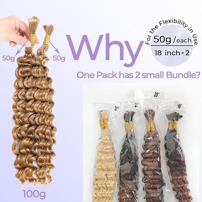 27# Deep Wave Braiding Human Hair Bundles Honey Blonde Bulk Human Hair for Crochet Micro Boho Braids 100 Grams (2 of 50g)18 inch