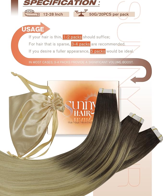 Sunny Hair Tape in Hair Extensions Human Hair Brown Balayage Blonde Tape in Extensions 20 Inch Real Hair Extensions Tape in 20Pcs 50g