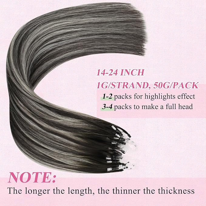 YoungSee Micro Loop Hair Extensions Real Human Hair Ombre Microlink Hair Extensions Balayage Black with Silver Microbead Hair Extension Human Hair Straight 24 Inch for Prom 50g 50s