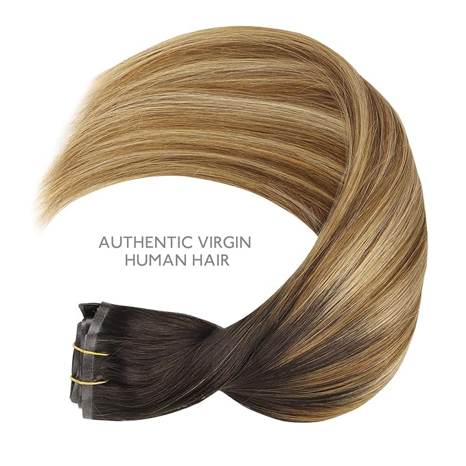 WENNALIFE Seamless Clip In Hair Extensions, 16 Inch 130g 7pcs Dark Brown to Chestnut Brown and Dirty Blonde Hair Extensions Clip in Human Hair Invisible PU Skin Weft Remy Human Hair Extensions