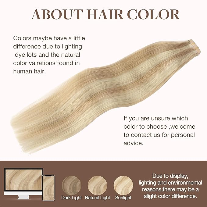 GOO GOO Tape in Hair Extensions Human Hair, 18A/613A Dark Blonde Highlighted Bleach Blonde, 24inch 30g 10pcs, Skin Weft Seamless Invisible, Silky Straight with Thick Ends, Remy Human Hair