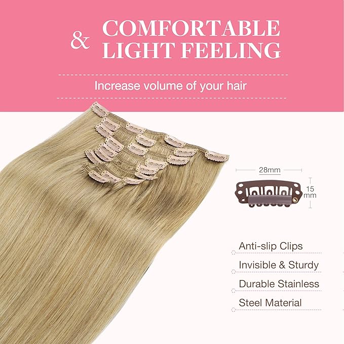 GOO GOO Clip in Hair Extensions Real Human Hair, Remy Human Hair Extensions Clip ins for Women, Natural Human Hair, 16inch 150g 9Pcs, 7 Bronde