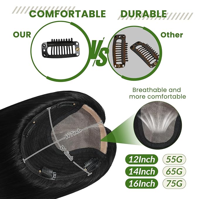 HAIR Toppers for Women Real Human Hair Clip in Silk Base 150 Density 6x7inch 55 grams Jet Black Color 12inch for Women with Thinning Crown (#1 12inch)