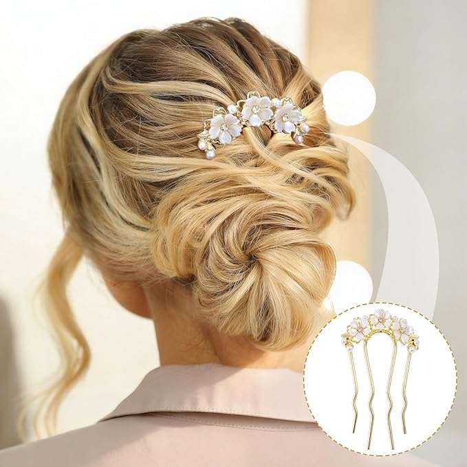 Pearl Flower Hair Clips, U-Shaped Crystal Flower Rhinestone Hair Pins, Gold Alloy Floral Hairpins Hairclips Accessories for Bride Weddings Party Holiday