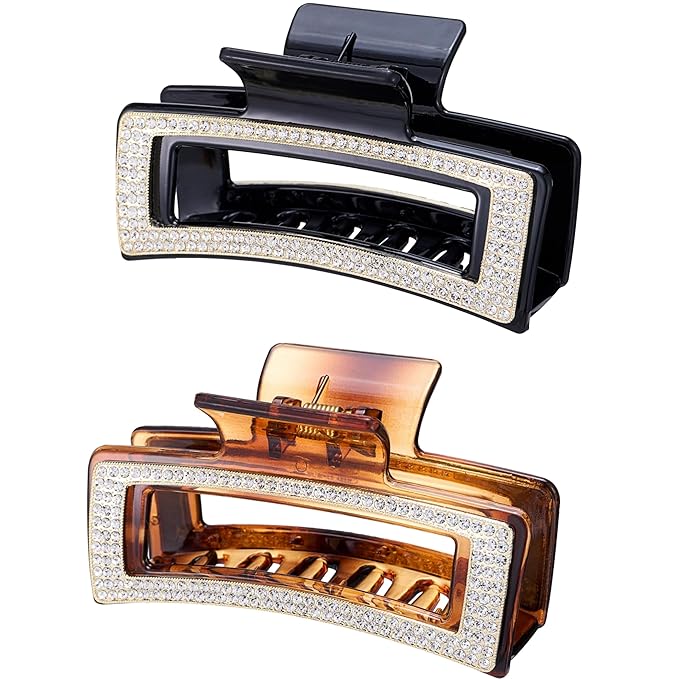 Rhinestone Hair Claw Clips for Women, Vintage Acrylic Large Crystal Jaw Clamps Luxury Elegant Rectangle Plastic Claw Clip with Strong Hold for Thin Thick Hair Fashion Wedding Party Accessories（2 Pack)