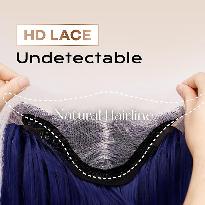 BLL Blue Lace Front Wig, 13x4 Glueless Synthetic Wigs Pre Plucked Hd Lace Long Straight Dark Blue Wig For Women With Baby Hair 26inch Suitable For Daily Party Wear