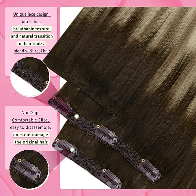 YoungSee 135G Clip in Hair Extensions Real Human Hair Ombre Brown Clip in Human Hair Extensions Walnut Brown Ombre Light Brown with Blonde Balayage Clip ins Hair Extension 18inch 7pcs