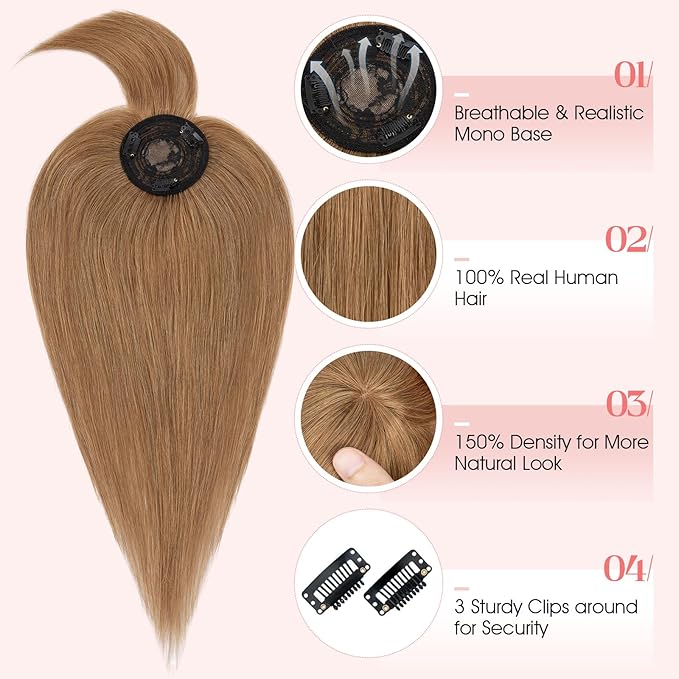 Hairro Mono Hair Toppers with Bangs, 3.4" x 3.4" Mono Base 100% Real Human Hairpieces for Women, 150% Density Clips In Topper for Greyish Thinning Hair, 10 Inch Blondish Brown
