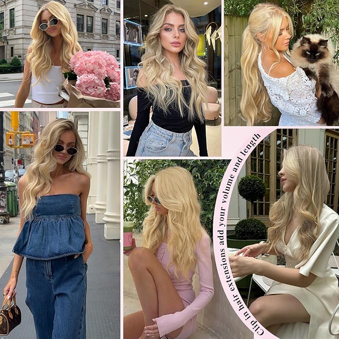 Hair Extensions for Women, 8PCS 16 Inch Ash Blonde Mixed Light Blonde Clip in Hair Extensions Clip Ins, Synthetic Wavy Full Head Thick Hairpieces for Women