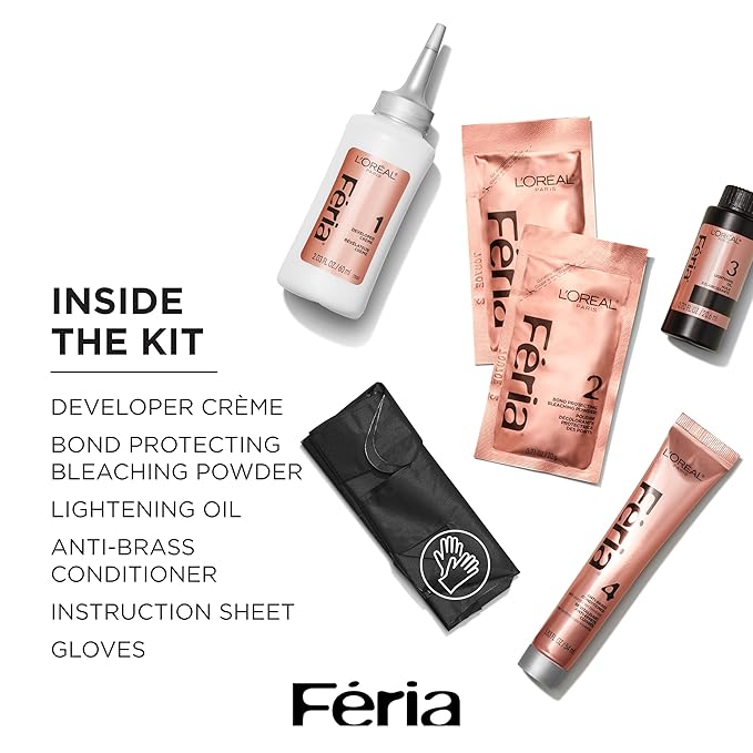 L'Oreal Paris Feria Platinum Bounce Bond Care Lightening System, Lifts Up To 8 Levels, Includes Anti Brass Purple Conditioner, Platinum Bounce, 1 Hair Dye Kit