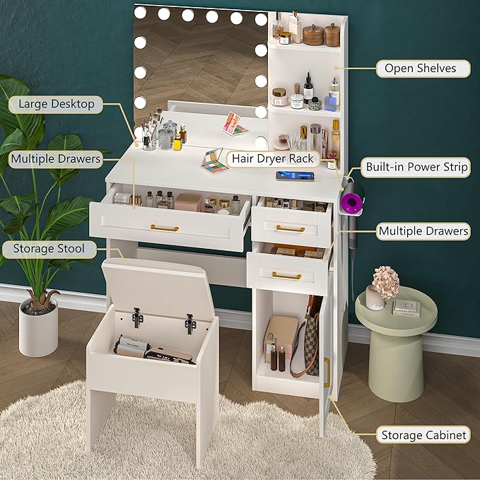 Vanity Desk with Mirror and Lights, 37 inch Vanity Set with Storage Chair & Power Outlet, White Makeup Vanity with 3 Drawers & Large Cabinet, 3 Colors Lighting Adjustable Brightness, Hair Dryer Rack