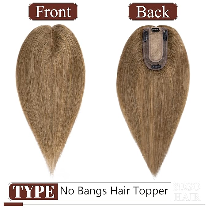 SEGO Real Human Hair Topper for Women, No Bangs Hair Topper with Anti-Slip Clips (6 Inch#6 Light Brown)