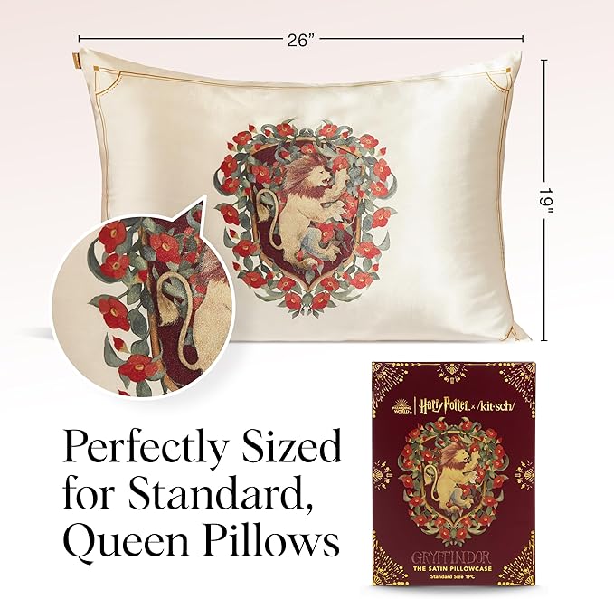 Kitsch x Harry Potter Gryffindor Satin Pillowcase with Zipper – Double-Sided Crest Design – Better Than Silk Pillowcase – Perfect for Kids Rooms & Toddler Bed Time Pillow Case –Queen/Standard 19x26