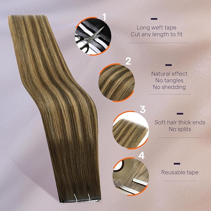 Full Shine Tape in Hair Extensions Human Hair Color 4 Medium Brown Ombre 24 Blonde And 4 Genius Weft Tape in Extensions Real Human Hair Double Weft 50G One Piece 22Inch Wire Adjustable Size