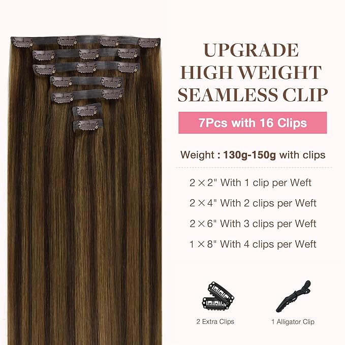 GOO GOO Clip in Hair Extensions Real Human Hair, Remy Human Hair Extensions Clip ins for Women, Natural Human Hair, 24inch 160g 7Pcs, 2C/4E/6C Brown Sugar Swirl Highlights