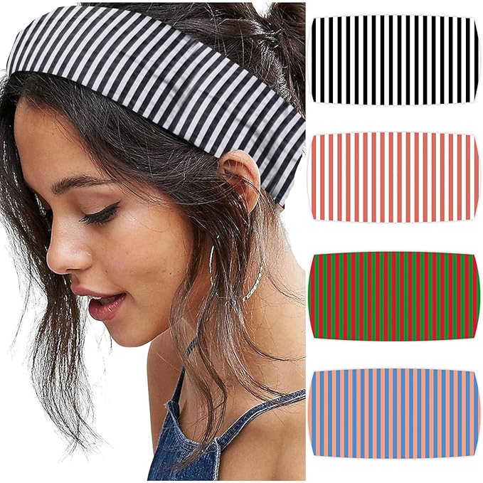 4pcs Striped Headbands for Women Wide Head Bands for Women's Hair Non Slip Wraps Elastic Stretchy Fashion Bandanas Workout Yoga Cute Hair Bands for Women's Hair Accessories