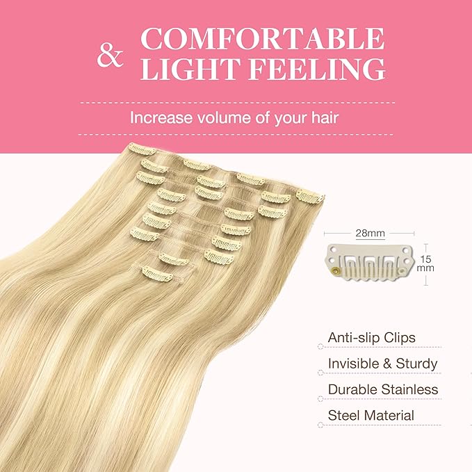 GOO GOO Clip in Hair Extensions Real Human Hair, Remy Human Hair Extensions Clip ins for Women, Natural Human Hair, 14inch 150g 9Pcs, 18A/613A Dark Blonde Highlighted Bleach Blonde